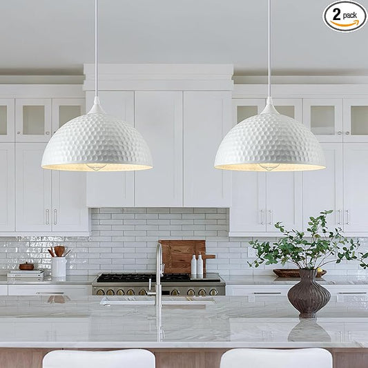 Hammered White Dome Pendant Light 2 Pack, White and Gold Pendant Lights,12 Inch Metal Industrial Pendant Light, Kitchen Island Pendant Lights for Kitchen, Dining Room, Bar