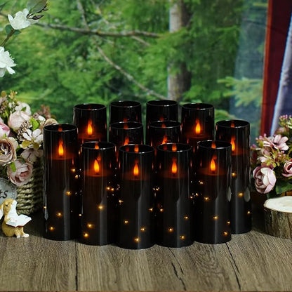 Sasigeiaa Flameless Candles with Embedded Star String - Battery Operated LED Candles, with Remote,12 Black Flickering Candles for Christmas, Weddings, Home Decor & Party,(D 2.3"×H 5" 6" 7")