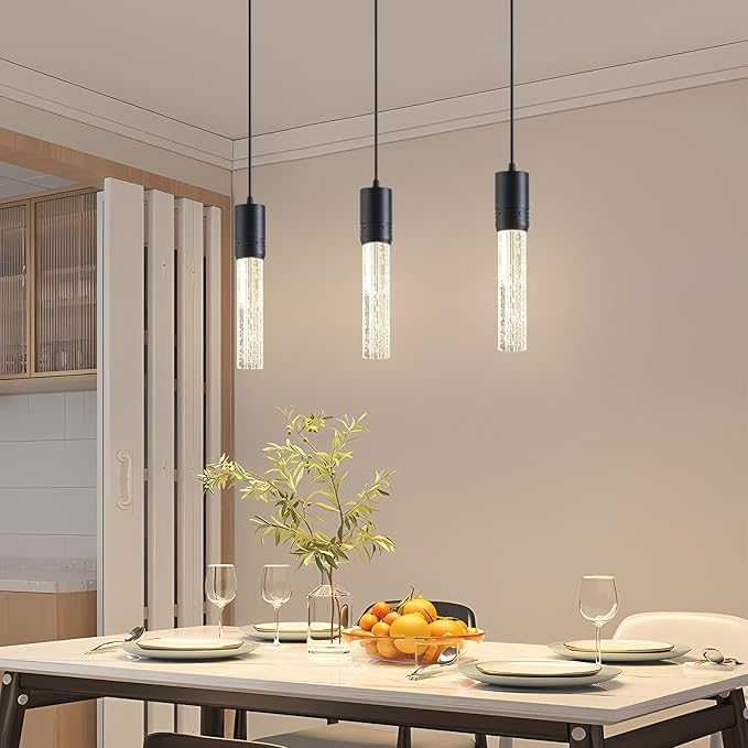Black Pendant Lights Kitchen Island, Crystal Bubble Pendant Lights, Adjustable Modern Pendant Light Fixtures for Dining Living Room Bedroom 3 Pack