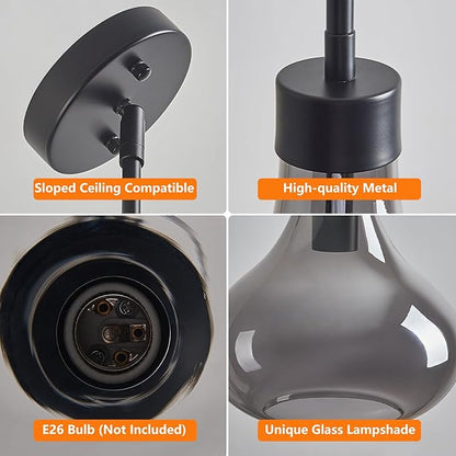 Modern Glass Pendant Light 9.44 in Smoke Gray Glass Shade Black Farmhouse Island Pendant Lights for Kitchen Pendant Lighting Over Sink Bedroom Dining Room