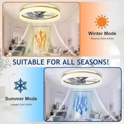 DLLT LED Ceiling Fan with Light: 20" Modern Low Profile Flush Mount Fandelier with App & Remote Control - Dimmable Gold Bladeless Fan Light Fixture for Bedroom Kids Room Living Room