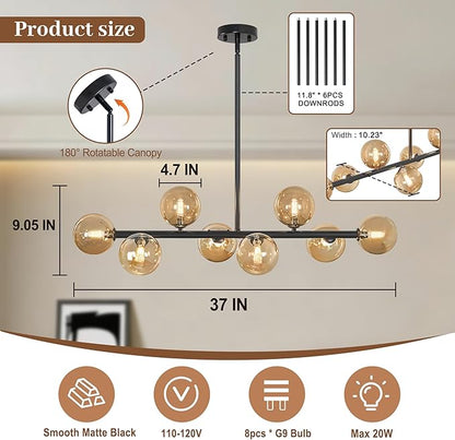 Linear Chandeliers for Dining Room, 8-Light Black Sputnik Chandeliers Modern Chandelier Linear Dining Room Light Fixture Mid Century Ameber Glass Globe Chandelier for Kitchen Island Living Room 37inch