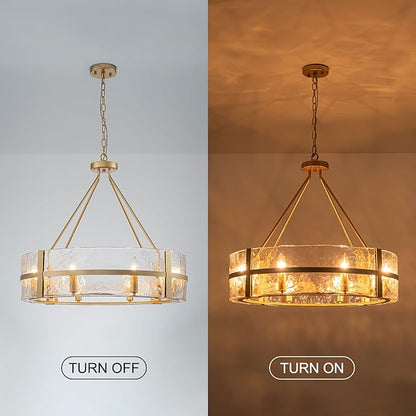 Gold Glass Chandelier for Dining Room, 28" Modern Large Glass Drum Chandelier Entryway Light Fixture, Farmhouse Hanging Pendant Light for High Ceiling Foyer Living Room Kitchen