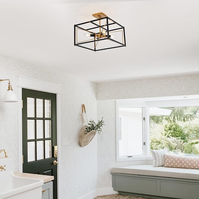 Industrial Semi Flush Mount Ceiling Light, Antique Brass Brush Paint and Black Finish Cage Mini Chandelier Mid Century for Porch Hallway Kitchen Bedroom Balcony 4-Light