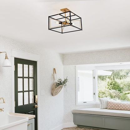 Industrial Semi Flush Mount Ceiling Light, Antique Brass Brush Paint and Black Finish Cage Mini Chandelier Mid Century for Porch Hallway Kitchen Bedroom Balcony 4-Light