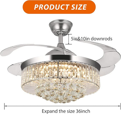 WWahuayuan 36" Chandelier Ceiling Fan Light, Modern Retractable Invisible Ceiling Fan Light Remote Control 4 Retractable ABS Blades for Bedroom Living Room Dining Room Decoration