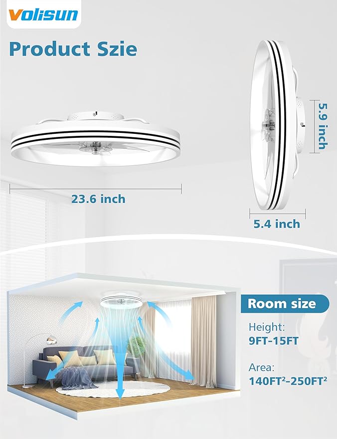 VOLISUN Low Profile Ceiling Fans with Lights and Remote, 23.6in Flush Mount Ceiling Fan with Light, 3000K-6500K Dimmable Fandelier LED Fan Light, White Bladeless Ceiling Fans with Lights for Bedroom