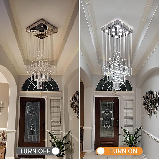 Crystal Chandelier Modern Chandelier Modern 8 Lights Square Chandelier Light Luxury 3 Tier Crystal Raindrop Chandeliers Flush Mount Ceiling Light Pendant for Foyer Modern Chandeliers for Entryway