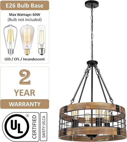 ACNKTZ Farmhouse Rustic Chandelier Light Fixture, 4-Light Round Hanging Pendant Lighting for Dining Room Entryway Kitchen Island Foyer Breakfast Area, Black Wood and Black Metal Finish