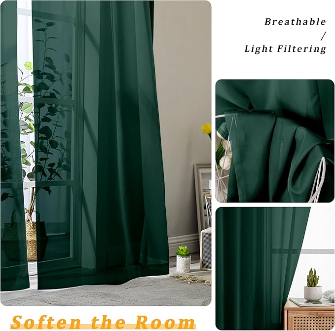 Gwine Hunter Green Sheer Curtains for Living Room 45 inches Long, Short Voile Light Filtering Window Treatments Sheer Curtains for Bedroom, Half Window Drapes with Rod Pocket, Each 42" Wx45 L