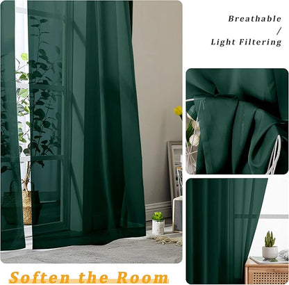 Gwine Hunter Green Sheer Curtains for Living Room 45 inches Long, Short Voile Light Filtering Window Treatments Sheer Curtains for Bedroom, Half Window Drapes with Rod Pocket, Each 42" Wx45 L