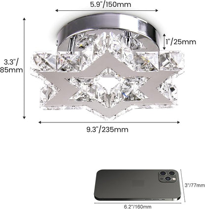 Mini LED Crystal Chandelier - Modern Dimmable Flush Mount Ceiling Light Fixture with Remote - Small Star Chandelier for Hallway, Foyer, Kitchen, Stair, Closet - 3 Colors Adjustable