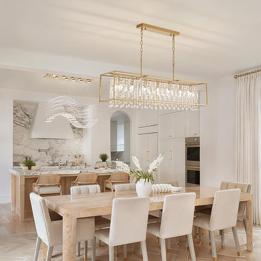 Siljoy Modern Crystal Chandelier, 7 Lights Rectangular Gold K9 Crystal Raindrop Chandelier, Luxury Rectangle Chandelier Light Fixture for Dining Room Living Room Kitchen Island L47'' x W11'' x H12''