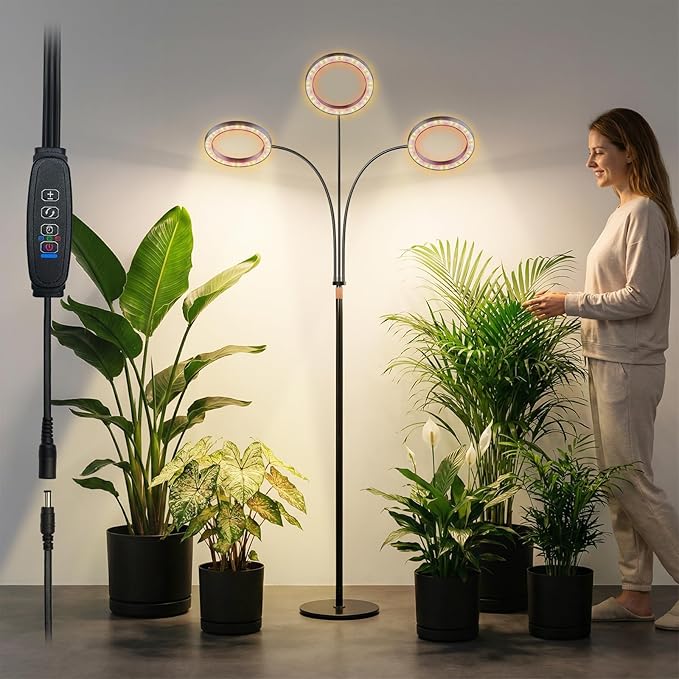 Grow Light for Indoor Plants with Stand, 48W 216 LED 3-Heads Full Spectrum Plant Lamp, 5.5FT Adjustable Tall Stand, Auto On/Off Timer (3/9/12H), 10 Dimming Levels for Seedling Veg Flowering