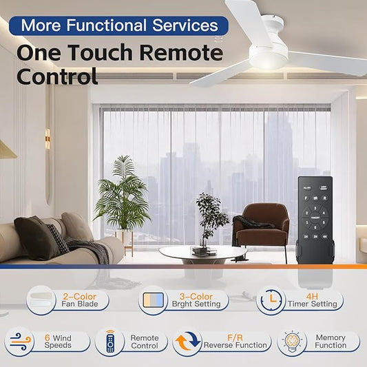 Ceiling Fans with Lights, 42 Inch Ceiling Fan with Light And Remote, 3CCT Flush Moun Low Profile Ceiling Fans, 6 Speed Noiseless LED Ceiling Fan, White Ceilings Fan with Remote for Bedroom Living Room