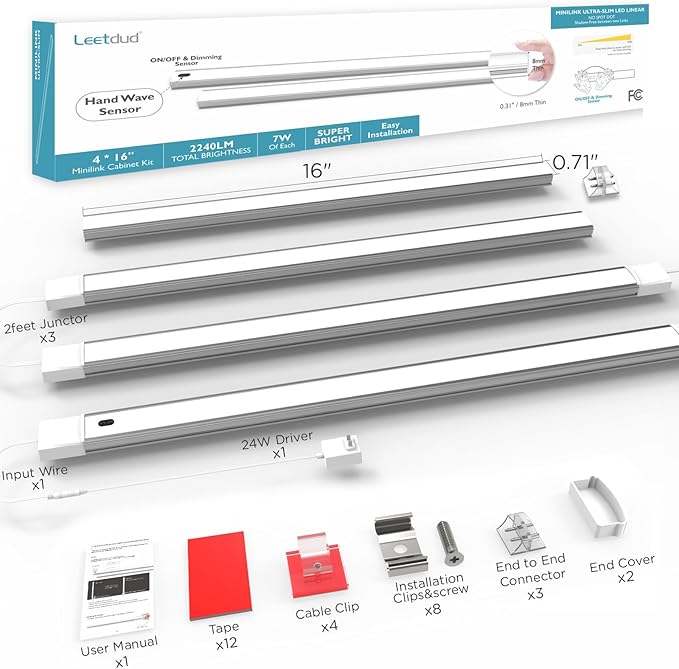 Leetdud Hand Wave Under Cabinet LED Lighting Plug in, 16 Inch 4-Pcs Dimmable Linkable Ultra Thin Aluminum Alloy Housing, 4000K Natural White Motion Sensor Counter Lights for Kitchen, Shelf, Cupboard