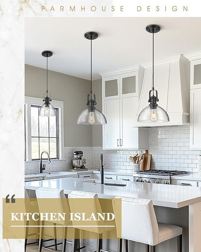 2-Pack Black Pendant Lights Kitchen Island, 10.5" Farmhouse Pendant Lighting with Clear Seeded Glass Shade, Vintage Hanging Light Fixtures for Dining Room, AD-22151-1P2L-BK