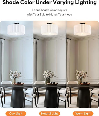 VONLUCE Semi-Flush Mount Ceiling Light, 15.7" Modern 3-Light Ceiling Light Fixture with White Pleated Drum Shade 3 E26 Sockets for Bedroom Entryway Living Room, Black Finish, ETL Certificated