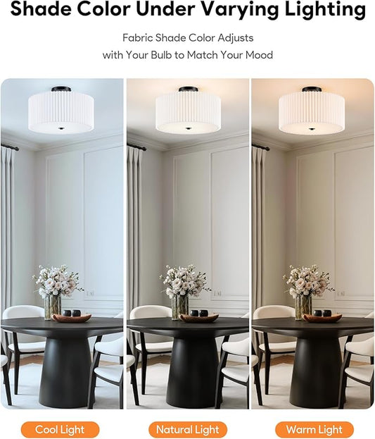 VONLUCE Semi-Flush Mount Ceiling Light, 15.7" Modern 3-Light Ceiling Light Fixture with White Pleated Drum Shade 3 E26 Sockets for Bedroom Entryway Living Room, Black Finish, ETL Certificated