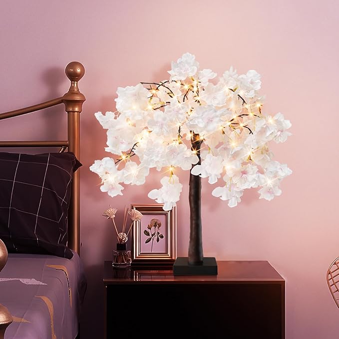 obbsie 24 Inch Lighted Cherry Blossom Tree, 2 Pack Artificial Bonsai Flower Tree with Timer Battery/USB Operated Pink Light Up Tabletop Tree for Spring Wedding Party Indoor Outdoor Decor