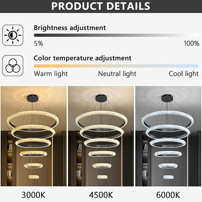 47" 6 Ring Crystal Chandelier Modern LED Dimmable Ring Pendant Light Chandelier for Dining Room Living Room Black