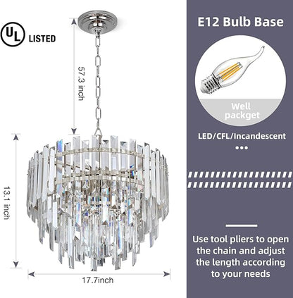 Chrome Modern Top K9 Crystal Chandelier Lighting Fixture, 6 Lights Round K9 Crystal Adjustable Hanging Lamp for Dining Room Bedroom Living Room,Hallway,Bar,Kitchen W17.6