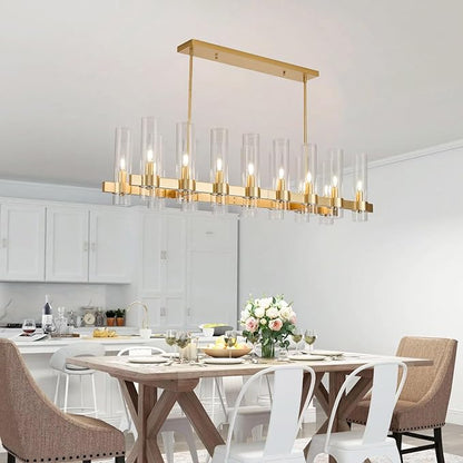 Modern Gold Linear Chandelier, 50'' Rectangular 16-Light Lighting Fixture with Glass Shades, Adjustable Hanging Height, Over Dining Table for Dining Room, Kitchen Island