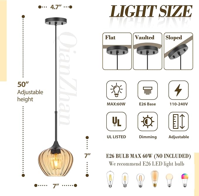 2Pack Amber Glass Pendant Light, 7 Inch Vintage Pendant Light Fixtures Modern Small Pendant Hanging Lights for Kitchen Island Dining Room Bathroom Coffee Bar