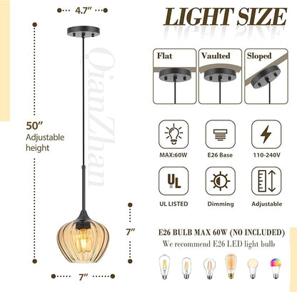 2Pack Amber Glass Pendant Light, 7 Inch Vintage Pendant Light Fixtures Modern Small Pendant Hanging Lights for Kitchen Island Dining Room Bathroom Coffee Bar