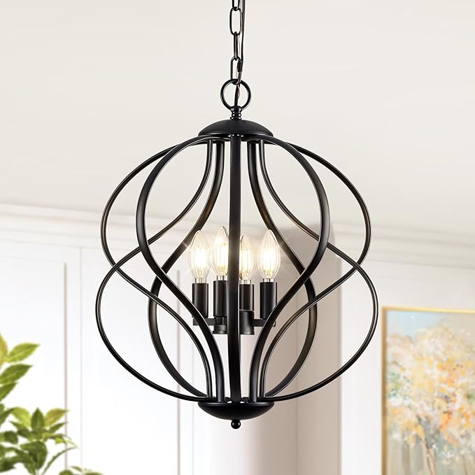 YURNYQ Modern Black Chandelier for Dining Room, 4 Lights Geometric Chandeliers, Sphere Chandelier Industrial Large Pendant Light Fixtures Hanging for Kitchen, Entryway, Foyer, Stairs