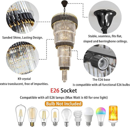 Large Black and Gold Crystal Chandelier, 24" 5-Tier Crystal Chandeliers for High Ceiling, Adjustable Height Pendant Light for Foyer, Villa, Staircase, Entryway