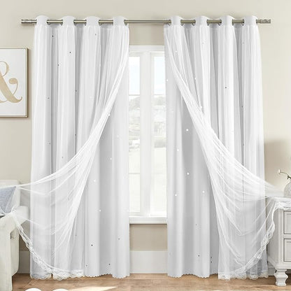 XiDi White Curtains for Girls Nursery Room 90 Inches Long Blackout Double Layer Curtains with Sheer Overlay for Kids Toddler Princess Bedroom Living Room Darkening Grommet Window Drapes W52 X L90