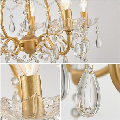 WUZUPS 5-Light Crystal Candle Chandelier Pendant Ceiling Light Modern Lighting Fixture for Bedroom Hallway Bar Kitchen Bathroom, H 23.2" W 20.7", E12 Base, Gold