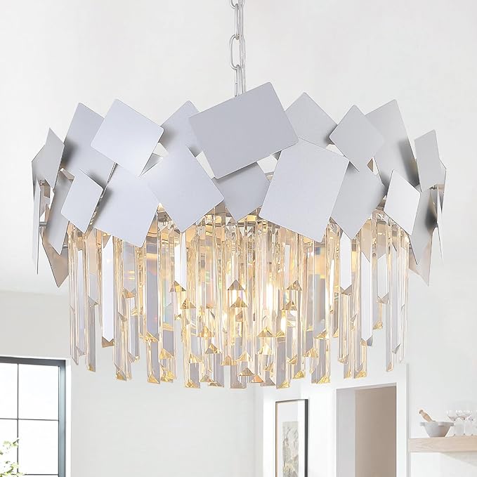 Modern Crystal Chandeliers 20" Silver Round Chandelier Luxury K9 Crystal Drum Chandeliers Kitchen Light Fixture Flush Mount Chandelier for Kitchen Island Living Room Dining Room Foyer Bedroom