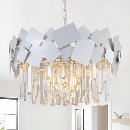 Modern Crystal Chandeliers 20" Silver Round Chandelier Luxury K9 Crystal Drum Chandeliers Kitchen Light Fixture Flush Mount Chandelier for Kitchen Island Living Room Dining Room Foyer Bedroom