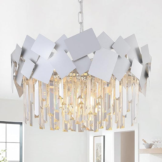 Modern Crystal Chandeliers 20" Silver Round Chandelier Luxury K9 Crystal Drum Chandeliers Kitchen Light Fixture Flush Mount Chandelier for Kitchen Island Living Room Dining Room Foyer Bedroom