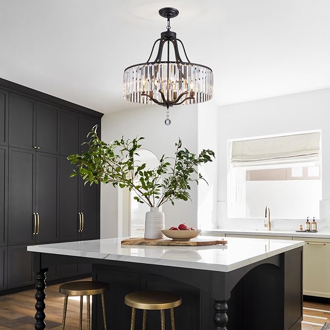 Modern Crystal Chandeliers Round 6-Light Large Black Pendant Lighting Fixture for Dining Room Living Room Kitchen Island Bedroom Hallway Hall Foyer 21.7" Adjustable Height Hanging Lamp