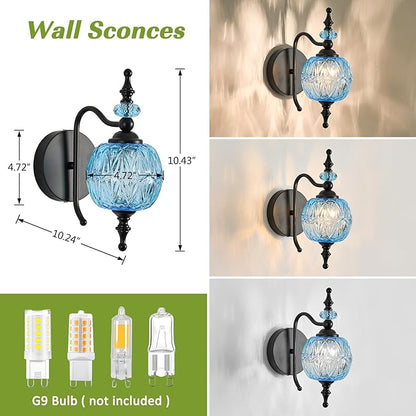 Vintage Wall Sconces with Black Finish Bathroom Blue Wall Light Fixtures with Crystal Glass Shade for Bedroom Living Room Kitchen Hallway