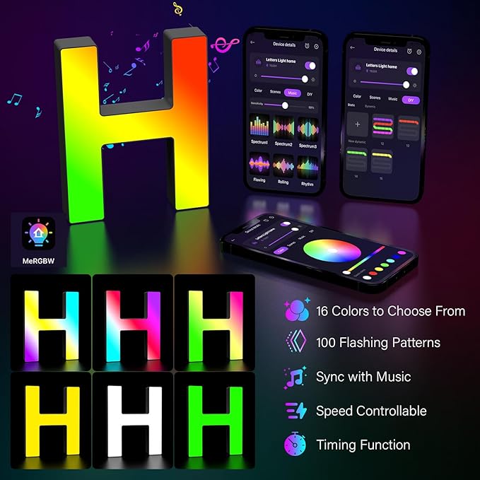 Light Up Letters Marquee Letter - Music Sync RGB Color Changing LED Lights Letter Logo Game Lights for Girls Women Party Birthday Christmas Valentine's Day Wall Desktop Decoration (MRGB-H)