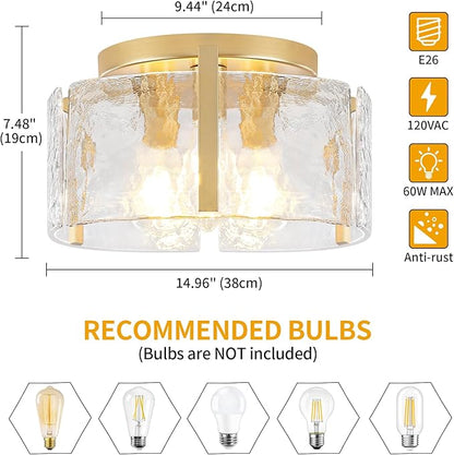 15'' Modern Gold Semi Flush Mount Ceiling Light, 3-Light Glass Drum Light Fixtures, Ceiling Lights for Hallway Entryway Foyer Bedroom Kitchen Island Dining Room Laundry Room Bathroom Lighting Fixture