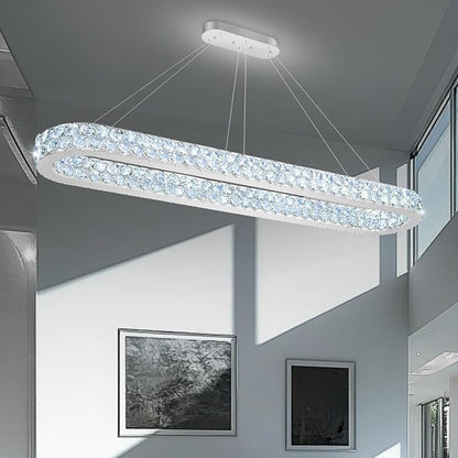 59'' Modern Oval Chandelier Crystal Chandeliers for Dining Room Round Ceiling Light Fixture for Living Room Lighting LED Dimmable with Remote Ring Lights Silver