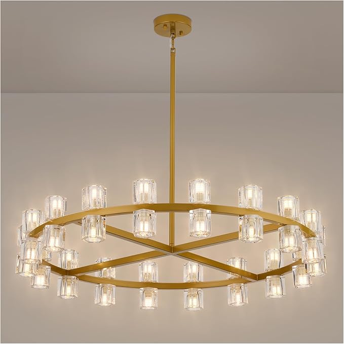 36 Inch Gold Crystal Wagon Wheel Chandelier, Modern Farmhouse Round 36-Lights Pendant Lighting Fixture, for High Ceilings Living Room, Bedroom, Foyer