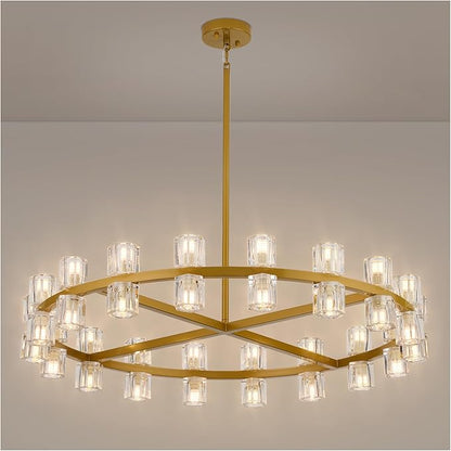 36 Inch Gold Crystal Wagon Wheel Chandelier, Modern Farmhouse Round 36-Lights Pendant Lighting Fixture, for High Ceilings Living Room, Bedroom, Foyer