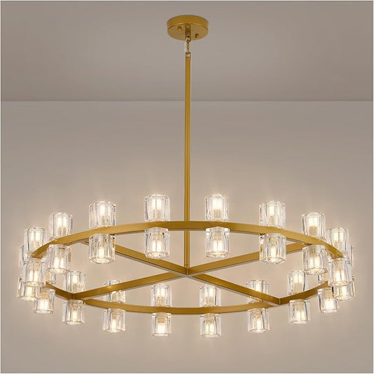 36 Inch Gold Crystal Wagon Wheel Chandelier, Modern Farmhouse Round 36-Lights Pendant Lighting Fixture, for High Ceilings Living Room, Bedroom, Foyer