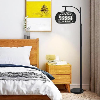 ZECOXOL Arc Floor Lamp with 3 Color Temperatures,Black Floor Lamp with Remote Control, Boho Standing Lamp with Rattan Wicker Shades, Farmhouse Tall Pole Lamp for Living Room Bedroom