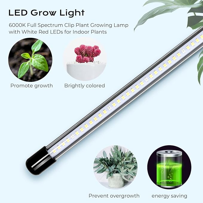 iPower LED Grow Light with Full Spectrum for Indoor Plants, Adjustable Gooseneck, 5 Dimmable Levels, 3 Auto Timing Modes, White