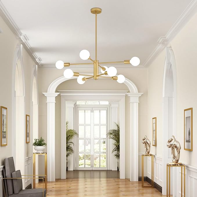 AMZASA Gold Sputnik Chandelier 8 Light Modern Industrial Mid Century Modern Light Fixture for Dining Room Kitchen Living Room Entryway Bedroom Plating Shining Gold Finished UL Listed