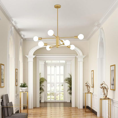 AMZASA Gold Sputnik Chandelier 8 Light Modern Industrial Mid Century Modern Light Fixture for Dining Room Kitchen Living Room Entryway Bedroom Plating Shining Gold Finished UL Listed