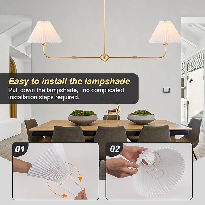 Gold Linear Chandelier, 2-Light Modern Chandelier for Dining Room Light Fixture, Kitchen Island Lighting with White Fabric Shade Linear Pendant Lights for Restaurant, Living Room, Bedroom