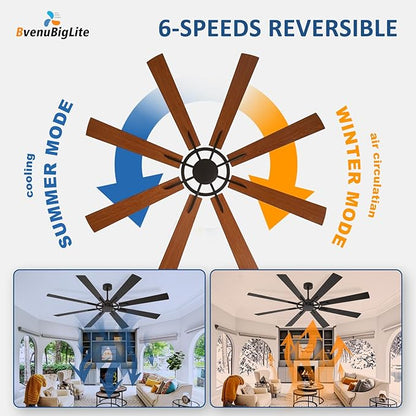 Large Ceiling Fan No Light: Modern 72 Inch 8 Blade Outdoor Ceiling Fans with Remote APP Control - Black Big Fan without Light Indoor Reversible 6 Speed Quiet DC Motor